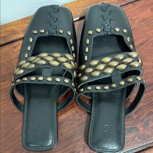 New ZARA Black Leather Stud-Embellished Slide Mules with Gold Accents